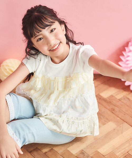 SLAP SLIP(スラップスリップ)の「【お揃い】ストライプ総柄切り替えティアード天竺半袖Tシャツ(80~130cm)(Tシャツ/カットソー・キッズ・パープル系その他/イエロー系その他・80cm/90cm/100cm/130cm/110cm/120cm)」の4枚目の写真