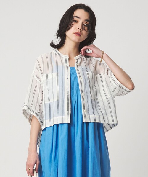 green label relaxing(グリーンレーベルリラクシング)の「100/2 ポケット ストライプ シャツ(シャツ/ブラウス・レディース・ライム/ライトピンク/オフホワイト・FREE)」の2枚目の写真