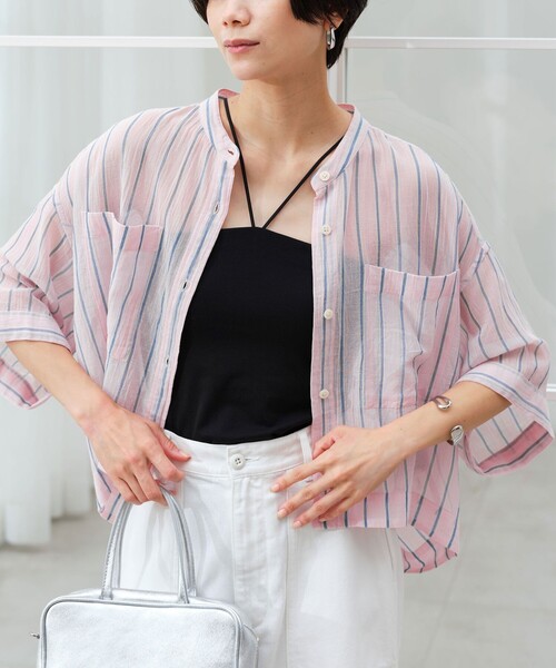 green label relaxing(グリーンレーベルリラクシング)の「100/2 ポケット ストライプ シャツ(シャツ/ブラウス・レディース・ライム/ライトピンク/オフホワイト・FREE)」の5枚目の写真