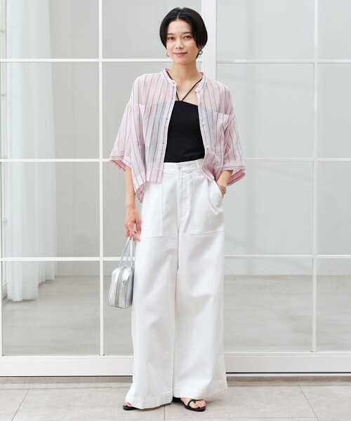green label relaxing(グリーンレーベルリラクシング)の「100/2 ポケット ストライプ シャツ(シャツ/ブラウス・レディース・ライム/ライトピンク/オフホワイト・FREE)」の4枚目の写真