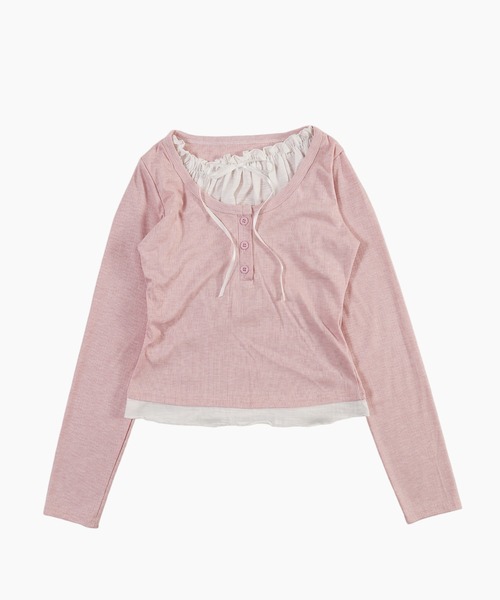 WEGO(ウィゴー)の「ヘンリーネックレースレイヤードトップス(Tシャツ/カットソー・レディース・ブラック/サックスブルー/ピンク・FREE)」の19枚目の写真