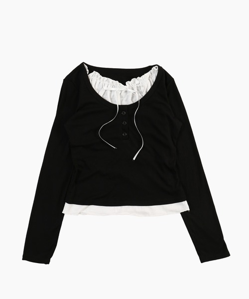 WEGO(ウィゴー)の「ヘンリーネックレースレイヤードトップス(Tシャツ/カットソー・レディース・ブラック/サックスブルー/ピンク・FREE)」の17枚目の写真