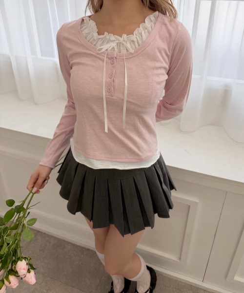 WEGO(ウィゴー)の「ヘンリーネックレースレイヤードトップス(Tシャツ/カットソー・レディース・ブラック/サックスブルー/ピンク・FREE)」の11枚目の写真