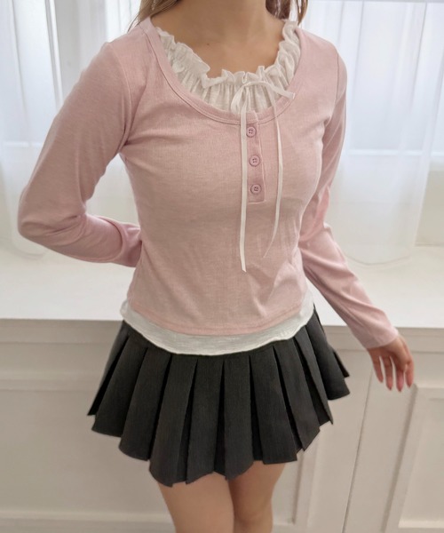 WEGO(ウィゴー)の「ヘンリーネックレースレイヤードトップス(Tシャツ/カットソー・レディース・ブラック/サックスブルー/ピンク・FREE)」の12枚目の写真
