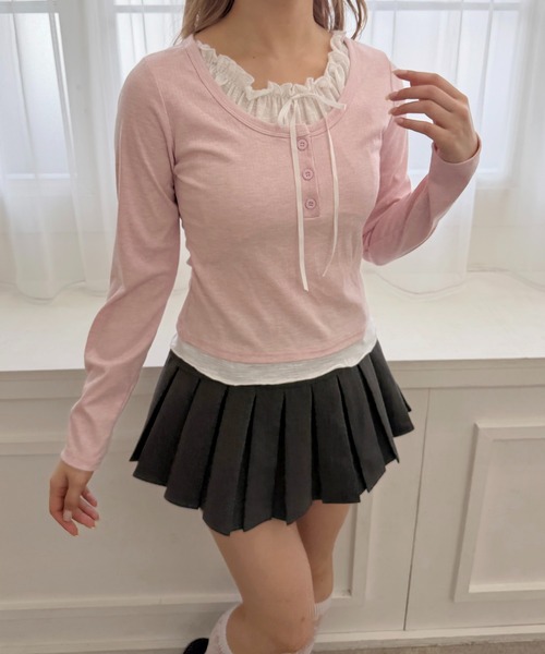 WEGO(ウィゴー)の「ヘンリーネックレースレイヤードトップス(Tシャツ/カットソー・レディース・ブラック/サックスブルー/ピンク・FREE)」の13枚目の写真