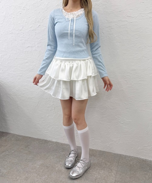 WEGO(ウィゴー)の「ヘンリーネックレースレイヤードトップス(Tシャツ/カットソー・レディース・ブラック/サックスブルー/ピンク・FREE)」の9枚目の写真