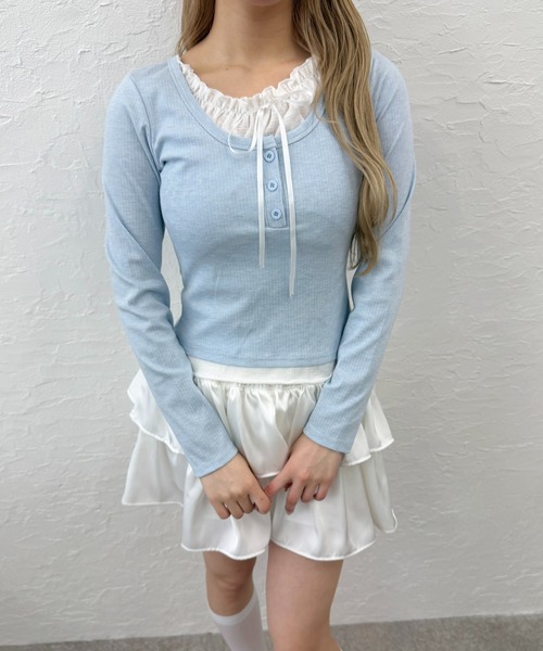 WEGO(ウィゴー)の「ヘンリーネックレースレイヤードトップス(Tシャツ/カットソー・レディース・ブラック/サックスブルー/ピンク・FREE)」の8枚目の写真