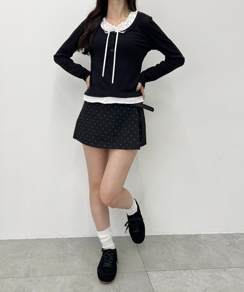 WEGO(ウィゴー)の「ヘンリーネックレースレイヤードトップス(Tシャツ/カットソー・レディース・ブラック/サックスブルー/ピンク・FREE)」の7枚目の写真