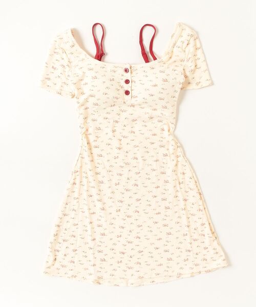 gossip！ロサンゼルス（ゴシップロサンゼルス）の「【レトロガーリー ・Y2K】小花柄 ミニワンピース Uネック タイト 半袖 レイヤード風（ワンピース・レディース・ブラック/ホワイト/ベージュ/ネイビー・M）」の8枚目の写真