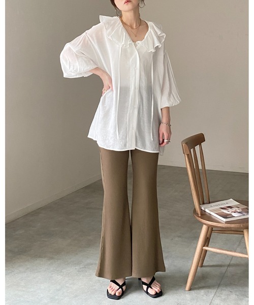 She's Closet(シーズクローゼット)の「ストレッチ ハイウエスト ロング フレアリブパンツ イージーパンツ(その他パンツ・レディース・ブラック/グレイッシュベージュ/カーキブラウン/杢グレー・FREE)」の15枚目の写真
