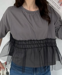 Tシャツ 半袖 チュール シアー ドッキング 切替 ギャザー ペプラム フェミニン レイヤード風 トップス カジュアル 夏