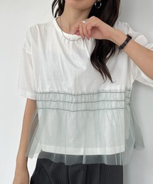 Tシャツ 半袖 チュール シアー ドッキング 切替 ギャザー ペプラム フェミニン レイヤード風 トップス カジュアル 夏