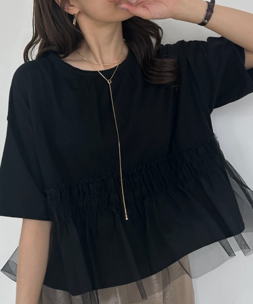umune(ウムネ)の「Tシャツ 半袖 チュール シアー ドッキング 切替 ギャザー ペプラム フェミニン レイヤード風 トップス カジュアル 夏(Tシャツ/カットソー・レディース・ブラック/グレー/オフホワイト・FREE)」の2枚目の写真