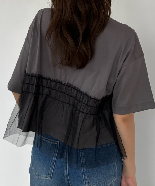 umune(ウムネ)の「Tシャツ 半袖 チュール シアー ドッキング 切替 ギャザー ペプラム フェミニン レイヤード風 トップス カジュアル 夏(Tシャツ/カットソー・レディース・ブラック/グレー/オフホワイト・FREE)」の10枚目の写真