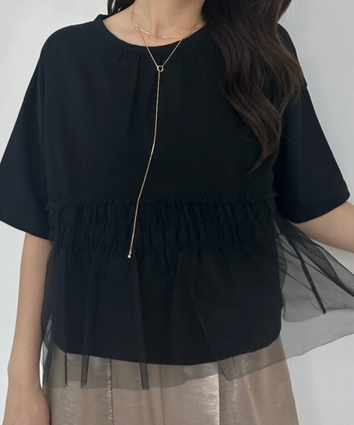 umune(ウムネ)の「Tシャツ 半袖 チュール シアー ドッキング 切替 ギャザー ペプラム フェミニン レイヤード風 トップス カジュアル 夏(Tシャツ/カットソー・レディース・ブラック/グレー/オフホワイト・FREE)」の11枚目の写真