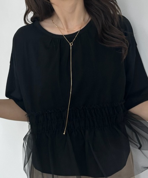 umune(ウムネ)の「Tシャツ 半袖 チュール シアー ドッキング 切替 ギャザー ペプラム フェミニン レイヤード風 トップス カジュアル 夏(Tシャツ/カットソー・レディース・ブラック/グレー/オフホワイト・FREE)」の12枚目の写真
