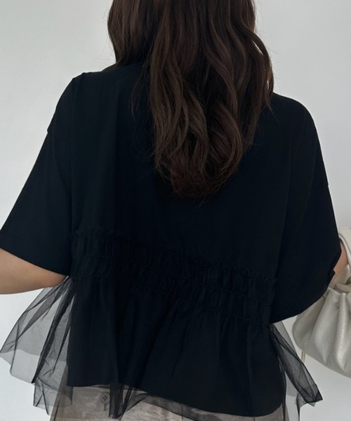 umune(ウムネ)の「Tシャツ 半袖 チュール シアー ドッキング 切替 ギャザー ペプラム フェミニン レイヤード風 トップス カジュアル 夏(Tシャツ/カットソー・レディース・ブラック/グレー/オフホワイト・FREE)」の6枚目の写真