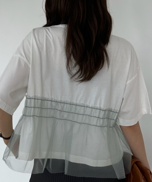 umune(ウムネ)の「Tシャツ 半袖 チュール シアー ドッキング 切替 ギャザー ペプラム フェミニン レイヤード風 トップス カジュアル 夏(Tシャツ/カットソー・レディース・ブラック/グレー/オフホワイト・FREE)」の8枚目の写真