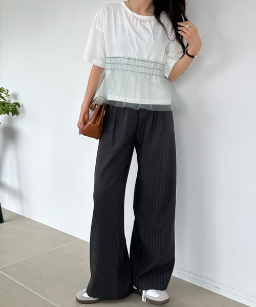 umune(ウムネ)の「Tシャツ 半袖 チュール シアー ドッキング 切替 ギャザー ペプラム フェミニン レイヤード風 トップス カジュアル 夏(Tシャツ/カットソー・レディース・ブラック/グレー/オフホワイト・FREE)」の9枚目の写真