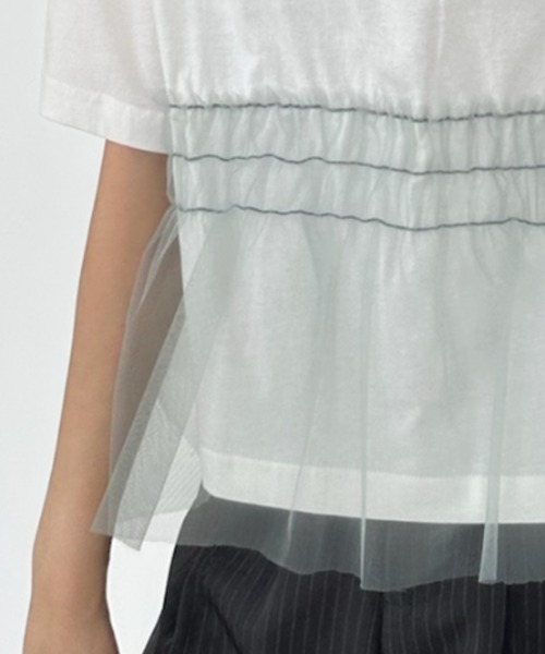 umune(ウムネ)の「Tシャツ 半袖 チュール シアー ドッキング 切替 ギャザー ペプラム フェミニン レイヤード風 トップス カジュアル 夏(Tシャツ/カットソー・レディース・ブラック/グレー/オフホワイト・FREE)」の15枚目の写真