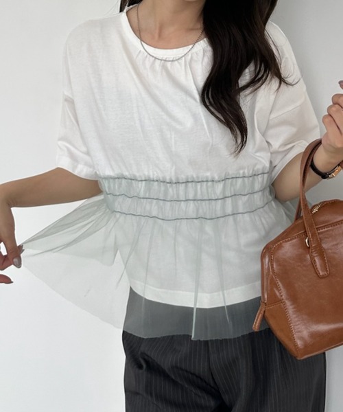 umune(ウムネ)の「Tシャツ 半袖 チュール シアー ドッキング 切替 ギャザー ペプラム フェミニン レイヤード風 トップス カジュアル 夏(Tシャツ/カットソー・レディース・ブラック/グレー/オフホワイト・FREE)」の13枚目の写真