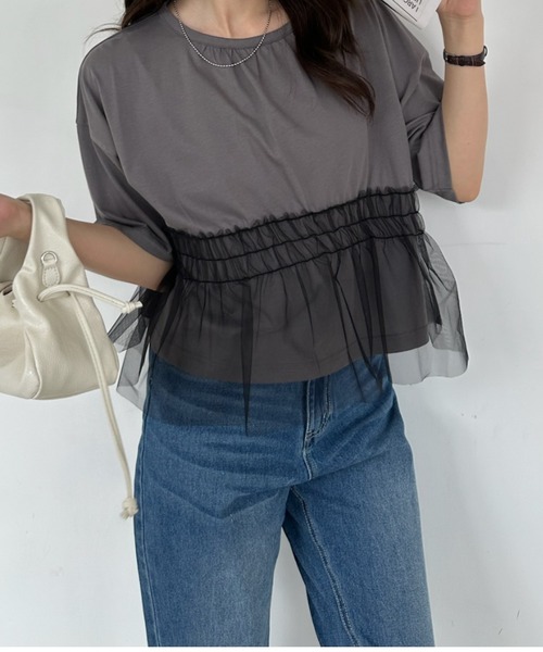 umune(ウムネ)の「Tシャツ 半袖 チュール シアー ドッキング 切替 ギャザー ペプラム フェミニン レイヤード風 トップス カジュアル 夏(Tシャツ/カットソー・レディース・ブラック/グレー/オフホワイト・FREE)」の19枚目の写真