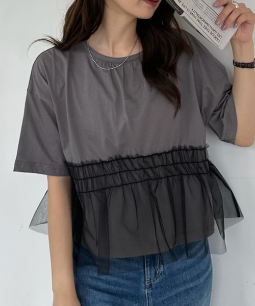 umune(ウムネ)の「Tシャツ 半袖 チュール シアー ドッキング 切替 ギャザー ペプラム フェミニン レイヤード風 トップス カジュアル 夏(Tシャツ/カットソー・レディース・ブラック/グレー/オフホワイト・FREE)」の18枚目の写真