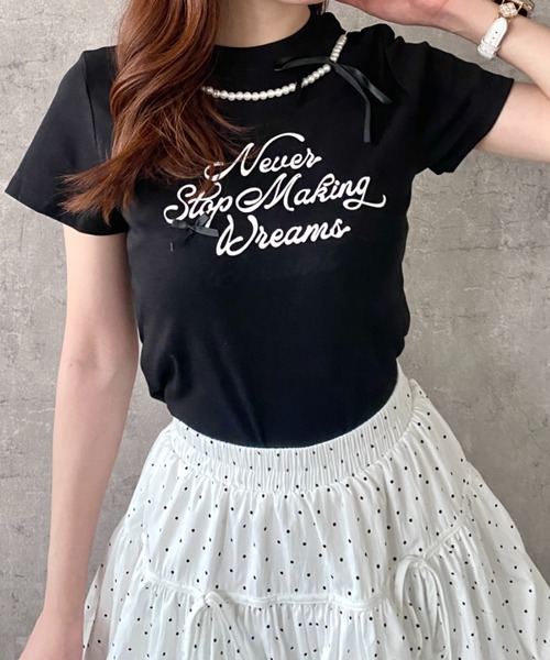 Mejoul（メジュール）の「【2026春夏新作】フロッキープリントパールネックリボンロゴＴシャツ（Tシャツ/カットソー・レディース・ホワイト/ブラック・F）」の14枚目の写真