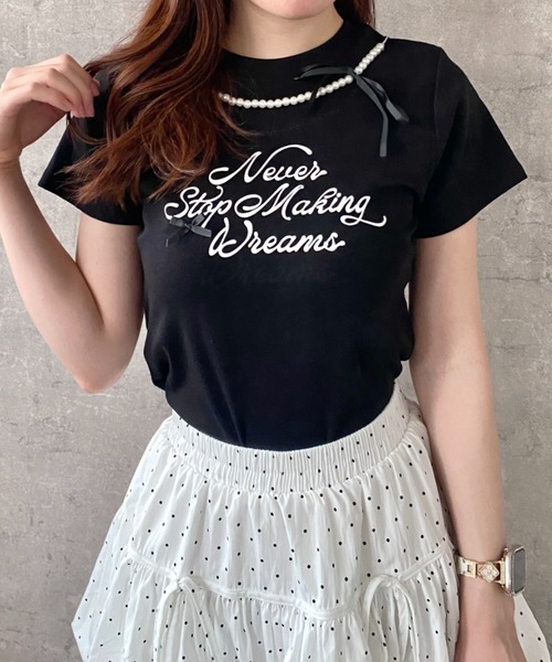 Mejoul（メジュール）の「【2026春夏新作】フロッキープリントパールネックリボンロゴＴシャツ（Tシャツ/カットソー・レディース・ホワイト/ブラック・F）」の8枚目の写真