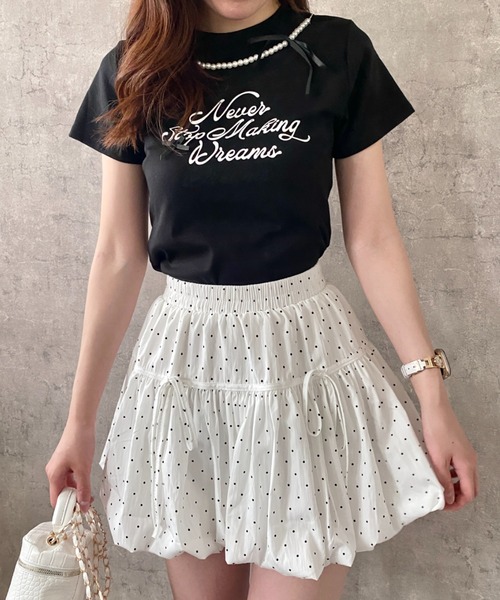Mejoul（メジュール）の「【2026春夏新作】フロッキープリントパールネックリボンロゴＴシャツ（Tシャツ/カットソー・レディース・ホワイト/ブラック・F）」の15枚目の写真