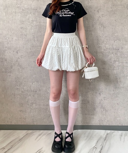 Mejoul（メジュール）の「【2026春夏新作】フロッキープリントパールネックリボンロゴＴシャツ（Tシャツ/カットソー・レディース・ホワイト/ブラック・F）」の12枚目の写真