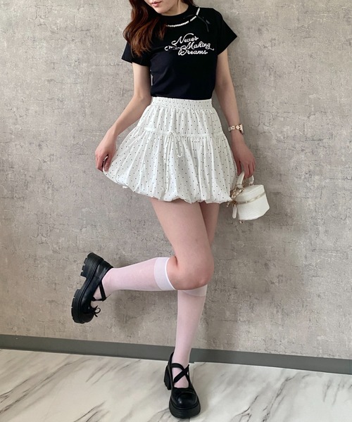 Mejoul（メジュール）の「【2026春夏新作】フロッキープリントパールネックリボンロゴＴシャツ（Tシャツ/カットソー・レディース・ホワイト/ブラック・F）」の13枚目の写真