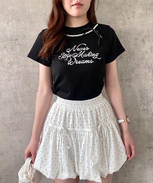 Mejoul（メジュール）の「【2026春夏新作】フロッキープリントパールネックリボンロゴＴシャツ（Tシャツ/カットソー・レディース・ホワイト/ブラック・F）」の17枚目の写真
