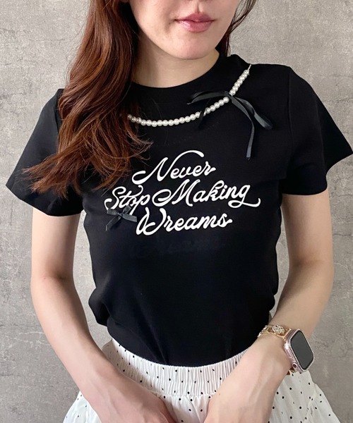 Mejoul（メジュール）の「【2026春夏新作】フロッキープリントパールネックリボンロゴＴシャツ（Tシャツ/カットソー・レディース・ホワイト/ブラック・F）」の9枚目の写真