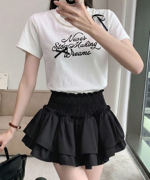 Mejoul（メジュール）の「【2026春夏新作】フロッキープリントパールネックリボンロゴＴシャツ（Tシャツ/カットソー・レディース・ホワイト/ブラック・F）」の6枚目の写真