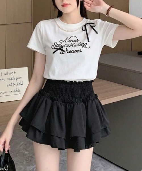 Mejoul（メジュール）の「【2026春夏新作】フロッキープリントパールネックリボンロゴＴシャツ（Tシャツ/カットソー・レディース・ホワイト/ブラック・F）」の7枚目の写真