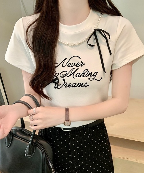 Mejoul（メジュール）の「【2026春夏新作】フロッキープリントパールネックリボンロゴＴシャツ（Tシャツ/カットソー・レディース・ホワイト/ブラック・F）」の21枚目の写真