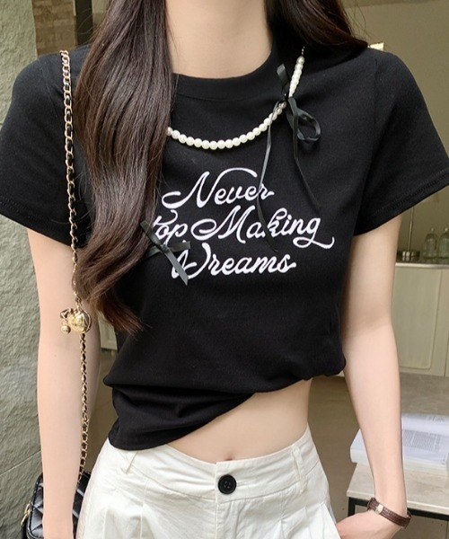 Mejoul（メジュール）の「【2026春夏新作】フロッキープリントパールネックリボンロゴＴシャツ（Tシャツ/カットソー・レディース・ホワイト/ブラック・F）」の22枚目の写真