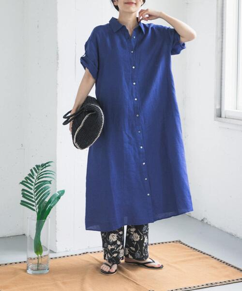 URBAN RESEARCH DOORS（アーバンリサーチドアーズ）の「リネン半袖シャツワンピース（ワンピース・レディース・ブラック/ロイヤルブルー/チェック・FREE）」の5枚目の写真