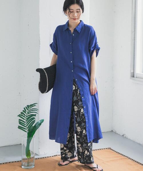 URBAN RESEARCH DOORS（アーバンリサーチドアーズ）の「リネン半袖シャツワンピース（ワンピース・レディース・ブラック/ロイヤルブルー/チェック・FREE）」の7枚目の写真