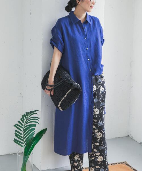 URBAN RESEARCH DOORS（アーバンリサーチドアーズ）の「リネン半袖シャツワンピース（ワンピース・レディース・ブラック/ロイヤルブルー/チェック・FREE）」の8枚目の写真