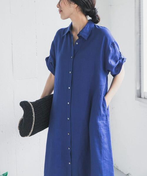 URBAN RESEARCH DOORS（アーバンリサーチドアーズ）の「リネン半袖シャツワンピース（ワンピース・レディース・ブラック/ロイヤルブルー/チェック・FREE）」の9枚目の写真