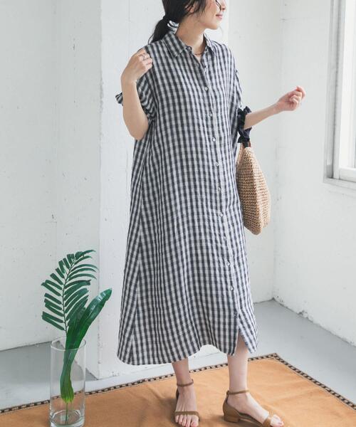 URBAN RESEARCH DOORS（アーバンリサーチドアーズ）の「リネン半袖シャツワンピース（ワンピース・レディース・ブラック/ロイヤルブルー/チェック・FREE）」の22枚目の写真