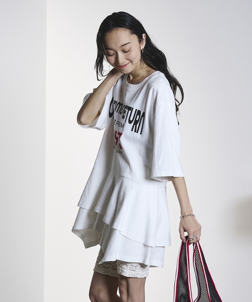 OKIRAKU(オキラク)の「(OKIRAKU×ROSEBUD)PEPLUM LOGO TEE(Tシャツ/カットソー・レディース・ブラック/ホワイト・ONE SIZE)」の4枚目の写真