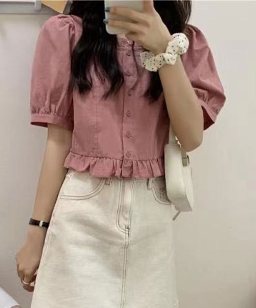 Flugge(フラッジー)の「裾フリルパフスリーブブラウス(シャツ/ブラウス・レディース・ピンク/ホワイト・LARGE/MEDIUM)」の1枚目の写真