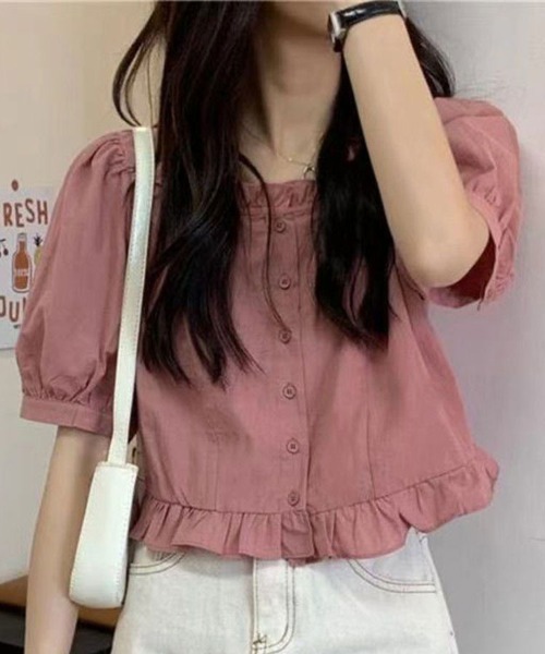 Flugge(フラッジー)の「裾フリルパフスリーブブラウス(シャツ/ブラウス・レディース・ピンク/ホワイト・LARGE/MEDIUM)」の3枚目の写真