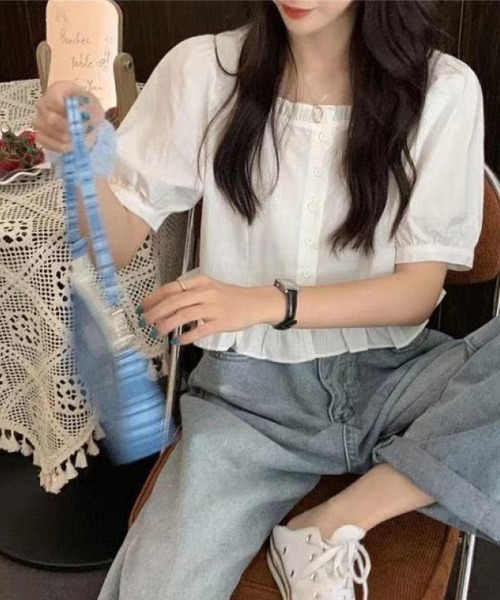 Flugge(フラッジー)の「裾フリルパフスリーブブラウス(シャツ/ブラウス・レディース・ピンク/ホワイト・LARGE/MEDIUM)」の4枚目の写真