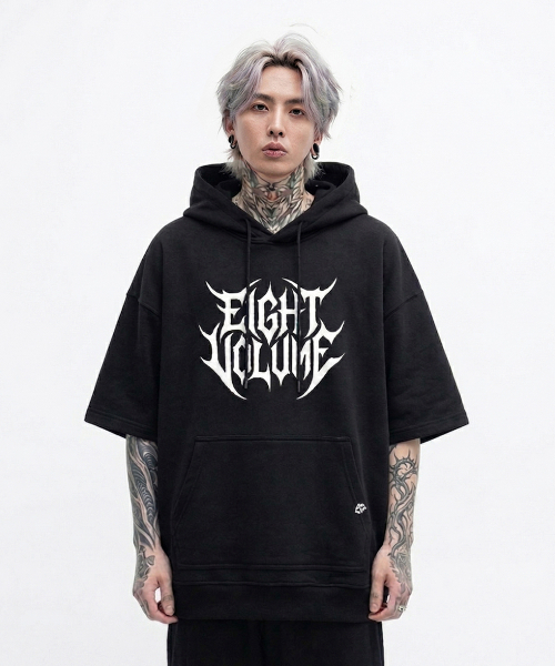 EIGHTVOLUME(エイトボリューム)の「EVメタルロゴオーバーサイズ半袖フードパーカー(ブラック)(パーカー・メンズ・その他・ONESIZE)」の1枚目の写真