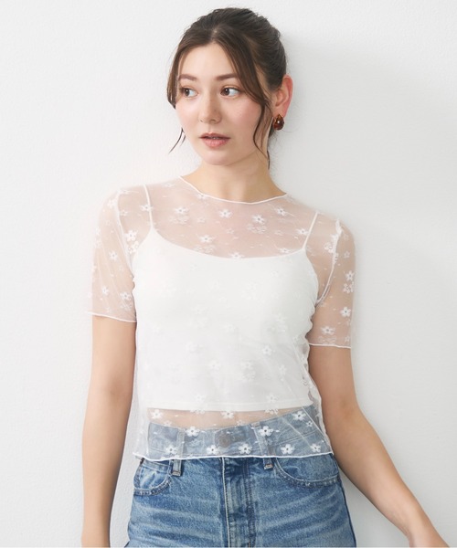 Lunea(ルネア)の「フラワーレースシアートップス / floral lace sheer top(Tシャツ/カットソー・レディース・アイボリー/ホワイト・FREE)」の1枚目の写真