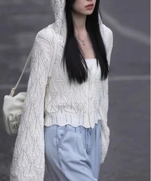 フード付き透かし編みカーディガン